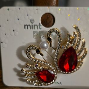 Mint Red and Gold Crystal Swan Brooch